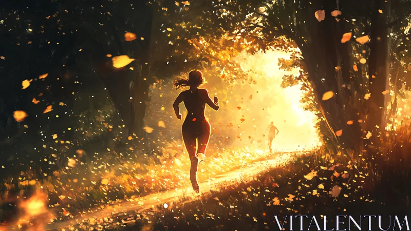 Backlit autumn runners on forest trail with glowing foliage