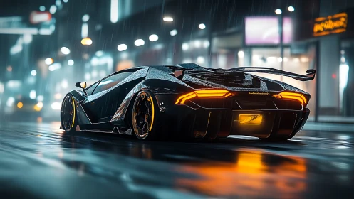 Futuristic supercar glows on a neon‑lit rainy city street