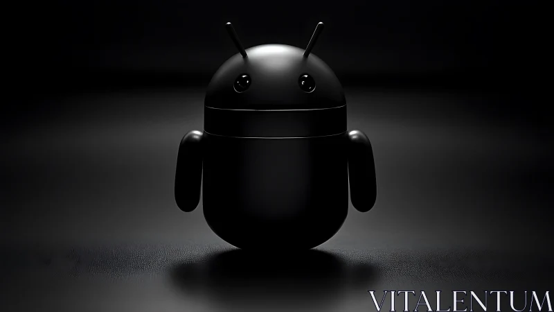 Black android robot figure on dark reflective surface.