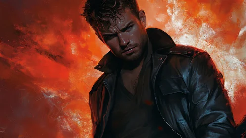 Brooding man in leather jacket stands before blazing inferno