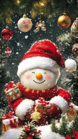 Snowman’s cozy Christmas cheer under sparkling branches.