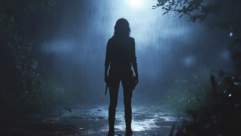 Silhouetted armed figure in blue backlit night rain scene.