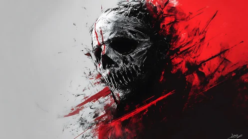 Skull emerging through fractured red brush and shadowed void.