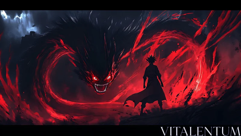Silhouetted figure facing red spectral beast in darkness.