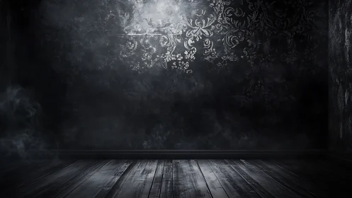 Moody patterned wall and wooden floor invite quiet stories