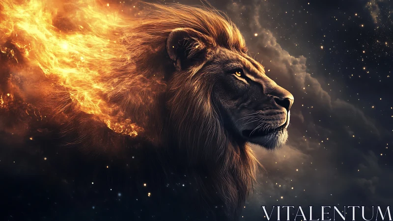 Fiery cosmic lion profile in glowing digital artwork.