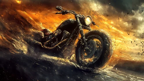 High-torque motorcycle traversing infernal fluid stormscape.