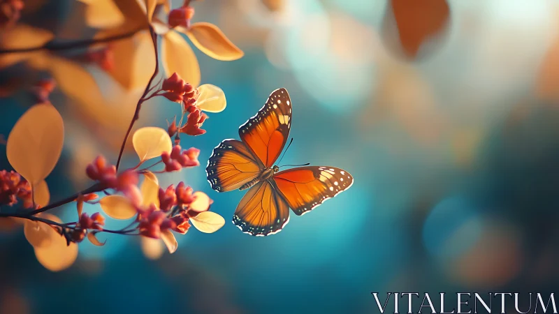 Gentle butterfly drifts among glowing leaves in soft evening air