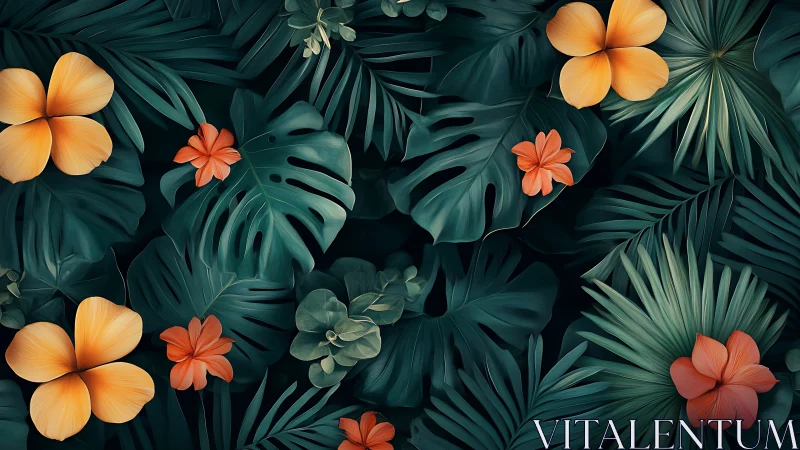 Tropical leaves and orange flowers on deep green background.