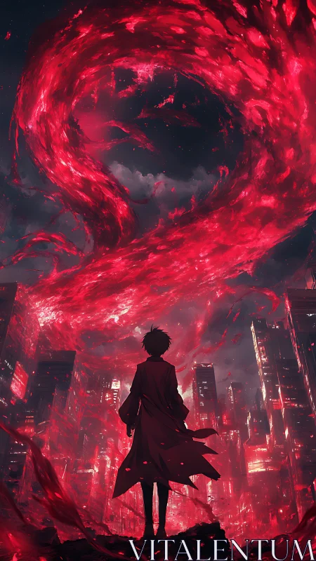 Silhouetted figure observing red energy over cityscape.