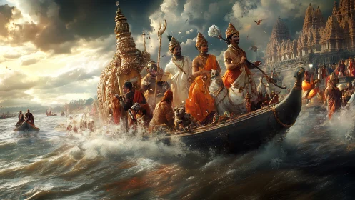 Epic Hindu deities crossing stormy sacred river scene.