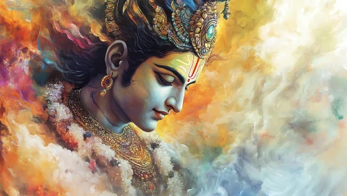 Divine profile portrait shows ornate figure amid swirling clouds