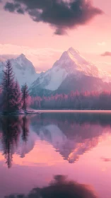 Snowy mountain lake with reflected peaks at pink dusk.