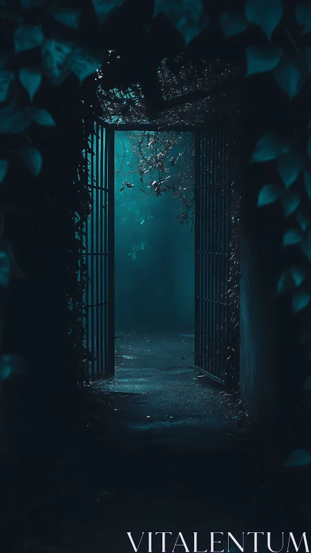 Moonlit ivy gate yawning into a quiet teal unknown.