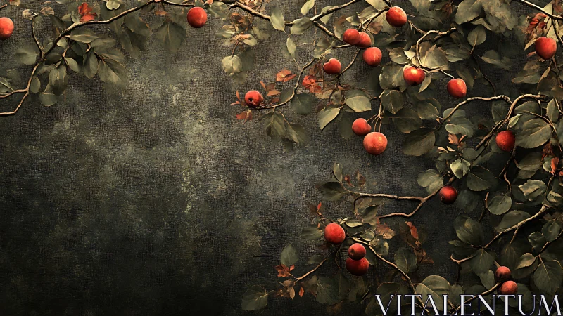 Ripened apple branches curling over a quiet rustic wall.