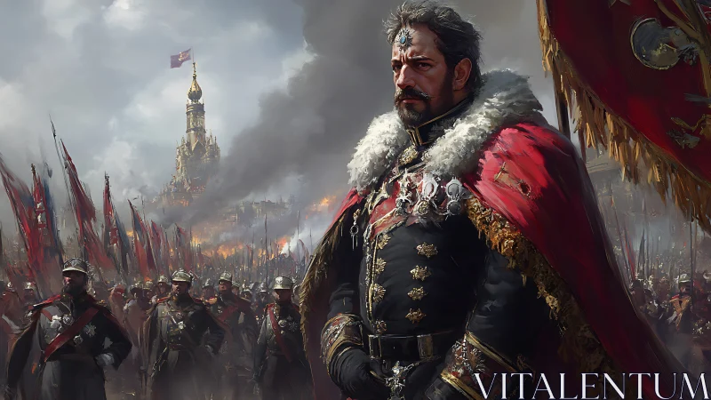 War-torn emperor in crimson regalia amid burning citadel.