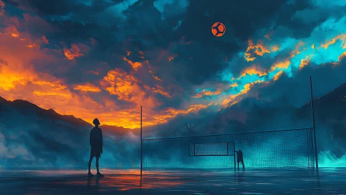 Surreal dusk soccer court under blazing cyan storm sky.