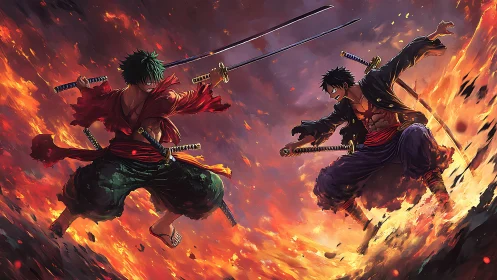 Sword duel ignites blazing battlefield with mirrored warriors.