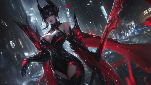 Dark armored demoness dominates neon rain cityscape