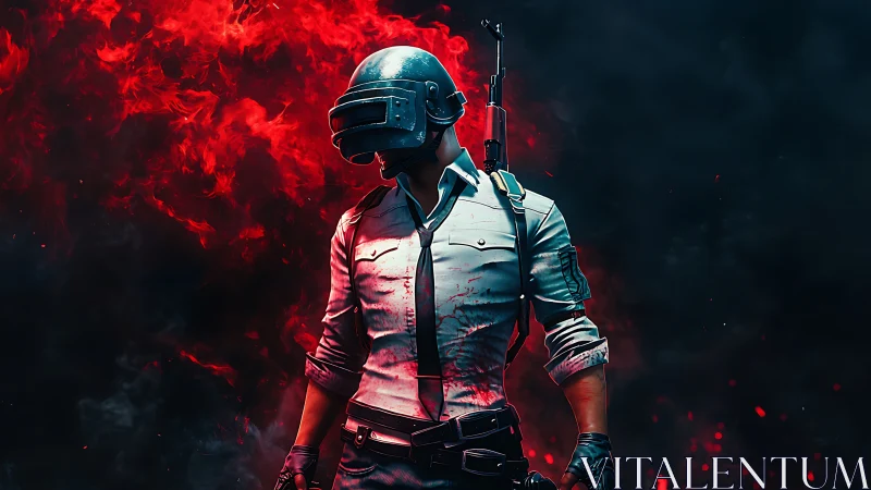 Battle royale warrior strides through inferno-torn shadow.