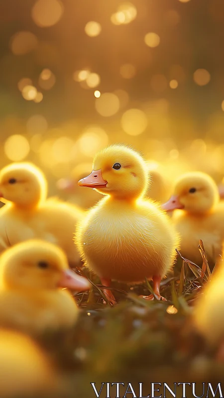 Golden duckling portrait under soft sunset bokeh glow.