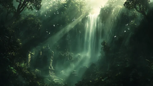Stone structure nested within dense forest with cascading light rays