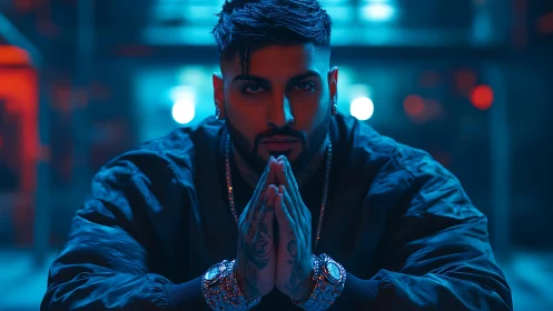 Moody neon portrait of tattooed man with folded hands.
