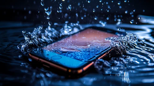 Sudden splash moment shows a smartphone caught in vivid water