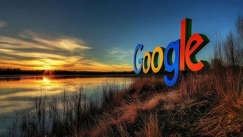 Google logo rises above reflective lake at dramatic sunset.