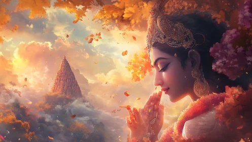 Goddess in prayer overlooks distant temple amid glowing clouds