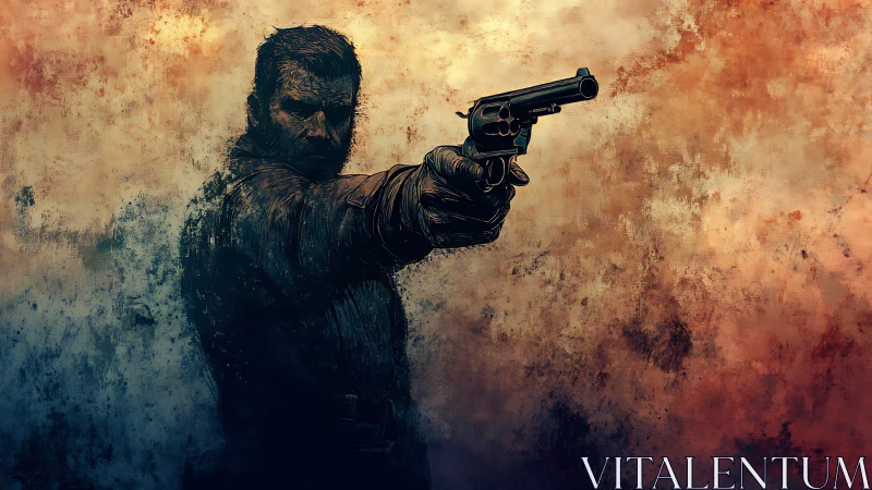 Gunman silhouette aims revolver amid textured dusk haze.