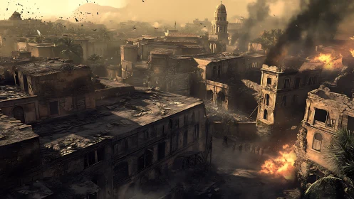 Digital painting of war-torn desert city under bombardment.