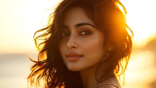 Photorealistic sunset portrait with warm backlit profile framing.