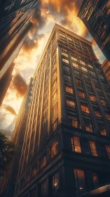 Sunlit high rise catches dramatic sunset sky glow