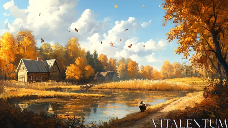 Digital painting of lakeside cabins in luminous autumn light.
