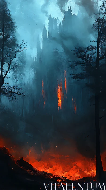 Mystical Castle Engulfed in Flames and Ethereal Fog.