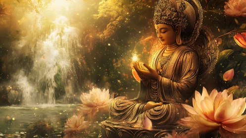 Lotuslit Buddha dreaming beside a golden waterfall hush.