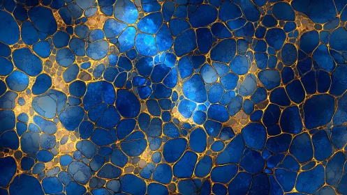 Iridescent blue cellular tessellation with molten gold network