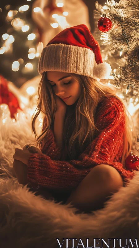 Young person in Santa hat near illuminated Christmas tree.