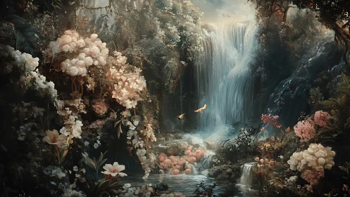 Dense floral gorge with central cascading waterfall scene.