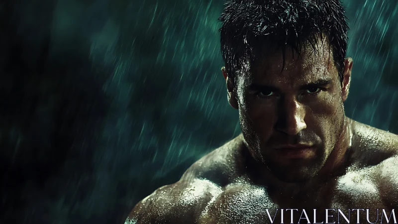 Muscular man under rain with intense determined stare.