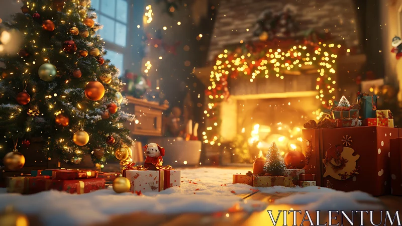 Cozy Christmas living room with tree, gifts, glowing fireplace.