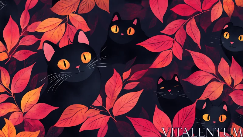 Black cats with golden eyes among red and orange autumn foliage.