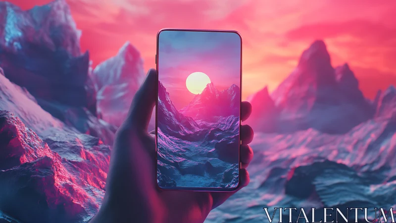 Neon glacier landscape merges through smartphone frame interface