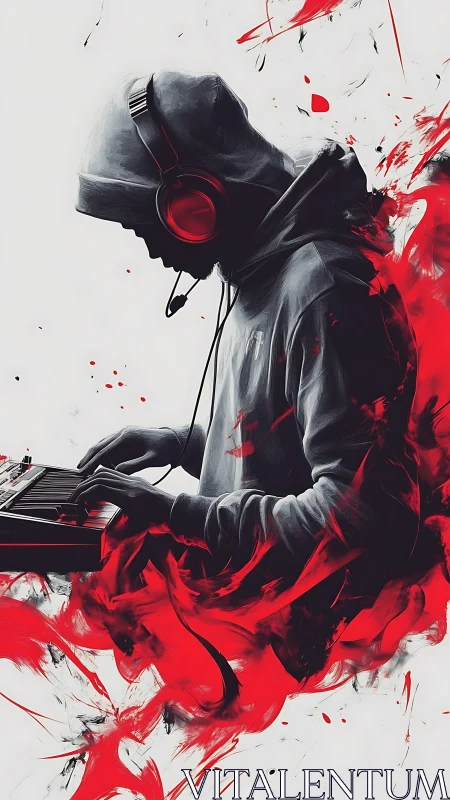 Hooded electronic musician sculpted in red abstract splashes