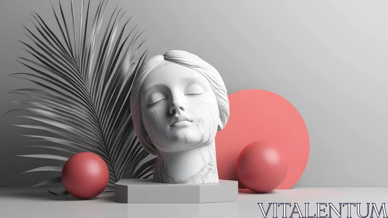 Marble Bust with Palm Leaf and Coral Spheres in Minimalist Style.