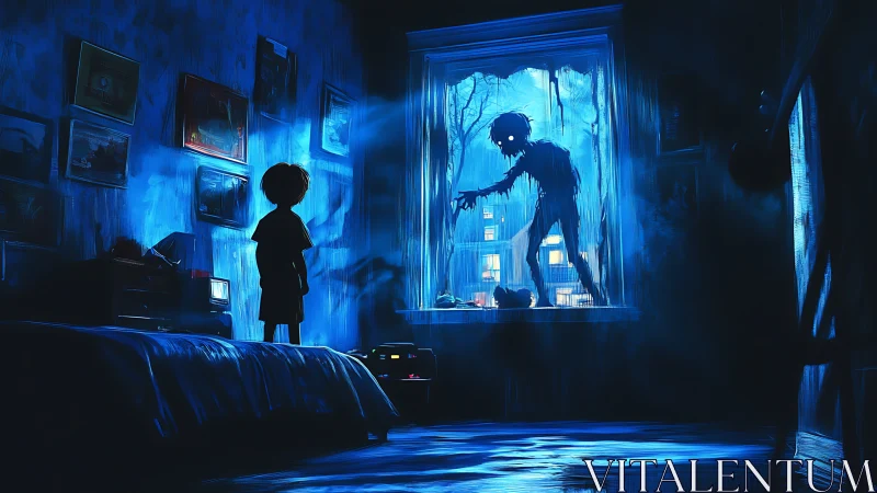 Child silhouetted in blue bedroom confronting skeletal window figure