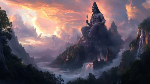 Colossal seated deity statue above stepped river citadel.