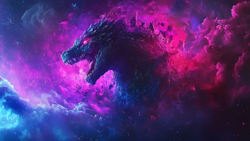 Cosmic reptilian silhouette within magenta nebula cloud field.