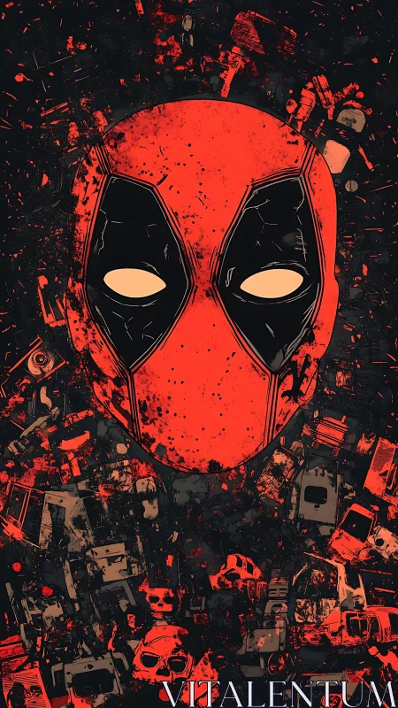 Bold red masked antihero portrait pops against dark chaos